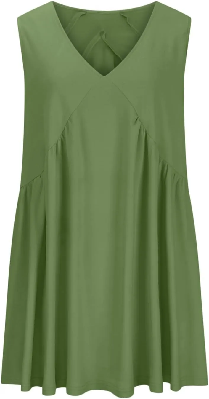 Women Sleeveless V Neck Dresses Sundress Simple Solid Color Loose Casual Trendy Vacation Short Dresses