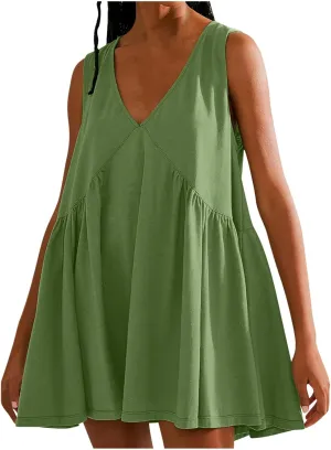 Women Sleeveless V Neck Dresses Sundress Simple Solid Color Loose Casual Trendy Vacation Short Dresses
