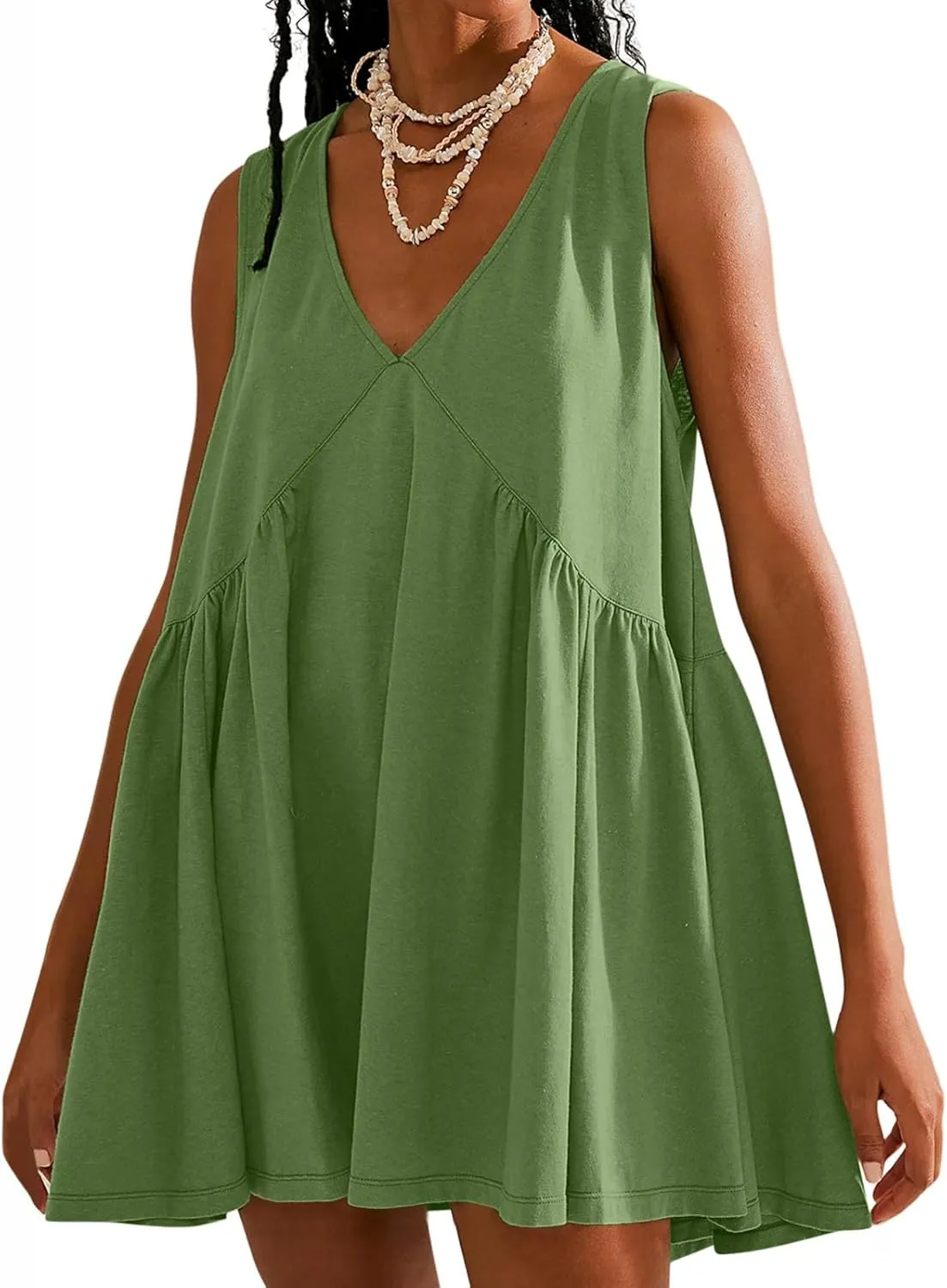 Women Sleeveless V Neck Dresses Sundress Simple Solid Color Loose Casual Trendy Vacation Short Dresses