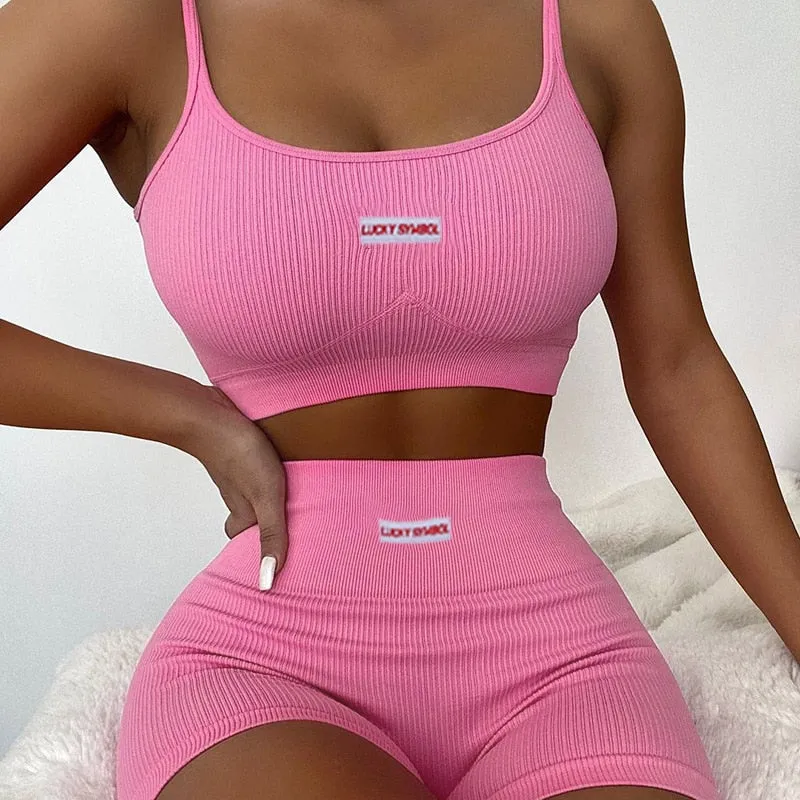 Women Sports Two-piece Running Set Summer Ribbed Knit Tracksuits