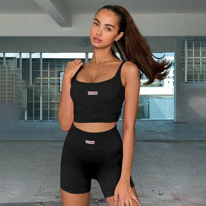 Women Sports Two-piece Running Set Summer Ribbed Knit Tracksuits