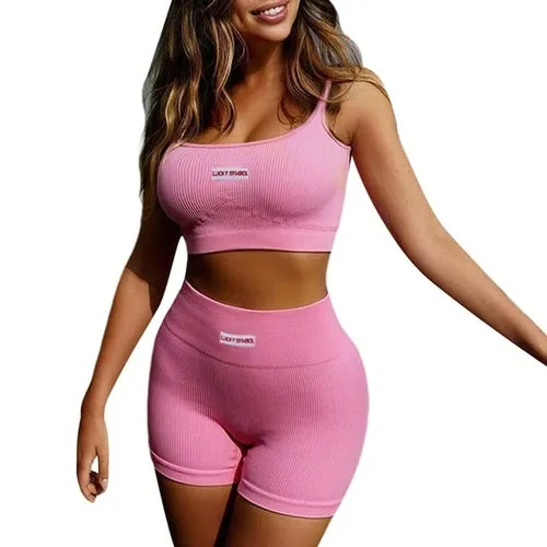 Women Sports Two-piece Running Set Summer Ribbed Knit Tracksuits
