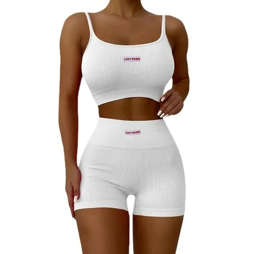 Women Sports Two-piece Running Set Summer Ribbed Knit Tracksuits