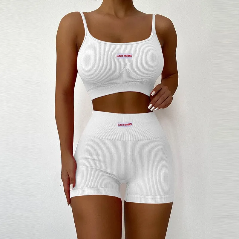 Women Sports Two-piece Running Set Summer Ribbed Knit Tracksuits