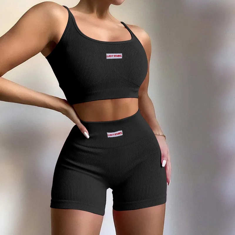 Women Sports Two-piece Running Set Summer Ribbed Knit Tracksuits