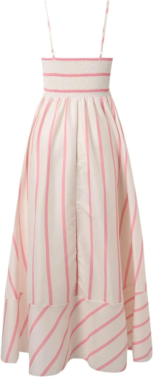 Women Striped Print Maxi Dress Spaghetti Strap Flowy Tiered Dress Sleeveless Casual Summer Sundress, 3X-Large, Black