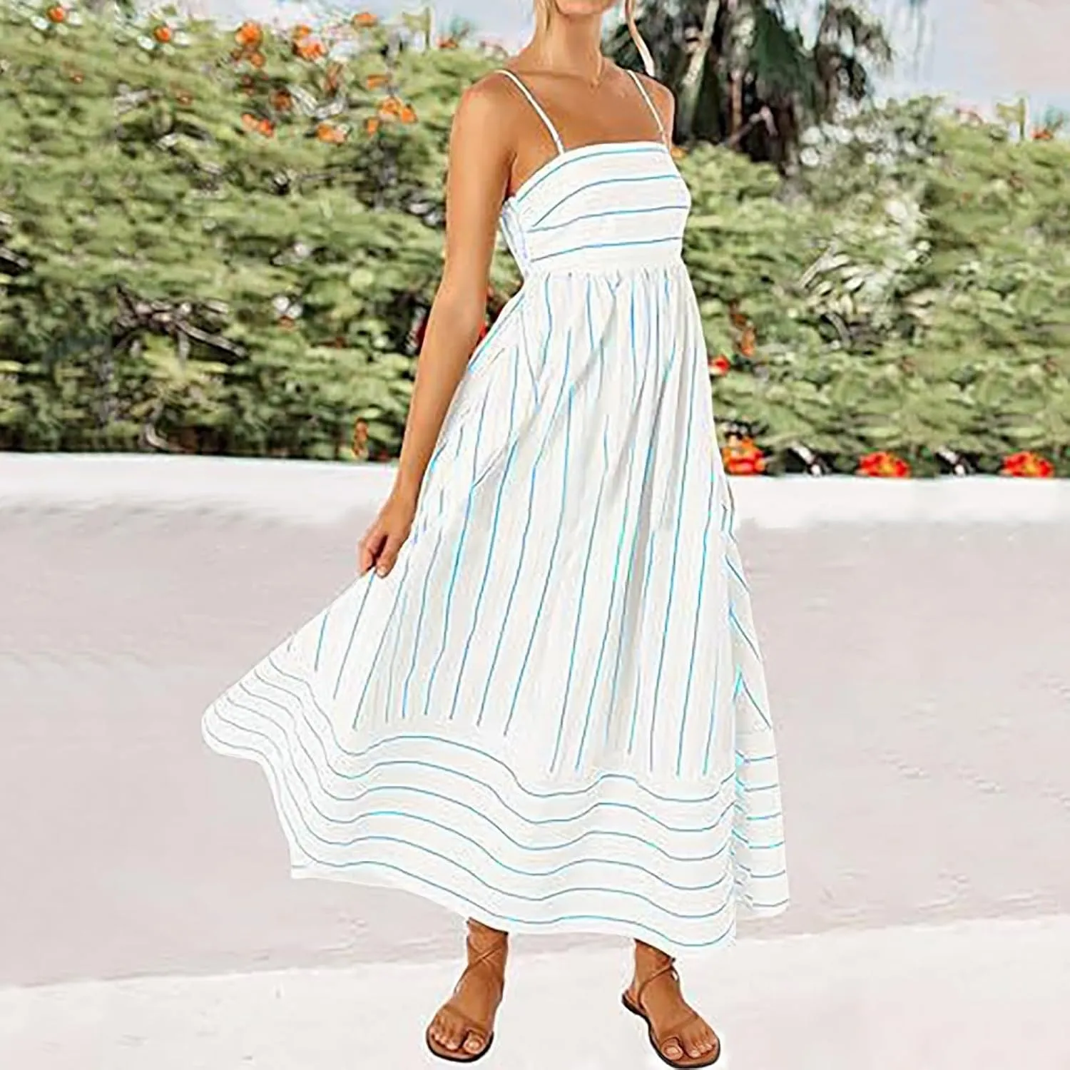 Women Striped Print Maxi Dress Spaghetti Strap Flowy Tiered Dress Sleeveless Casual Summer Sundress, 3X-Large, Black