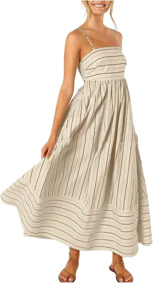 Women Striped Print Maxi Dress Spaghetti Strap Flowy Tiered Dress Sleeveless Casual Summer Sundress, 3X-Large, Black