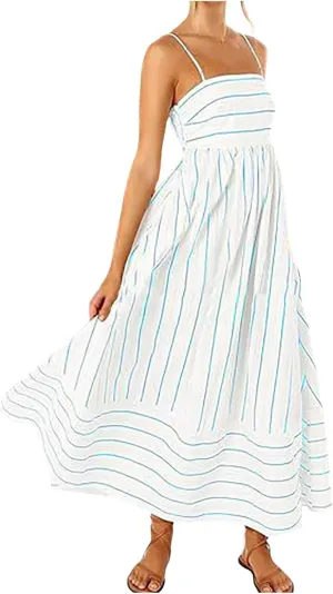 Women Striped Print Maxi Dress Spaghetti Strap Flowy Tiered Dress Sleeveless Casual Summer Sundress, 3X-Large, Black