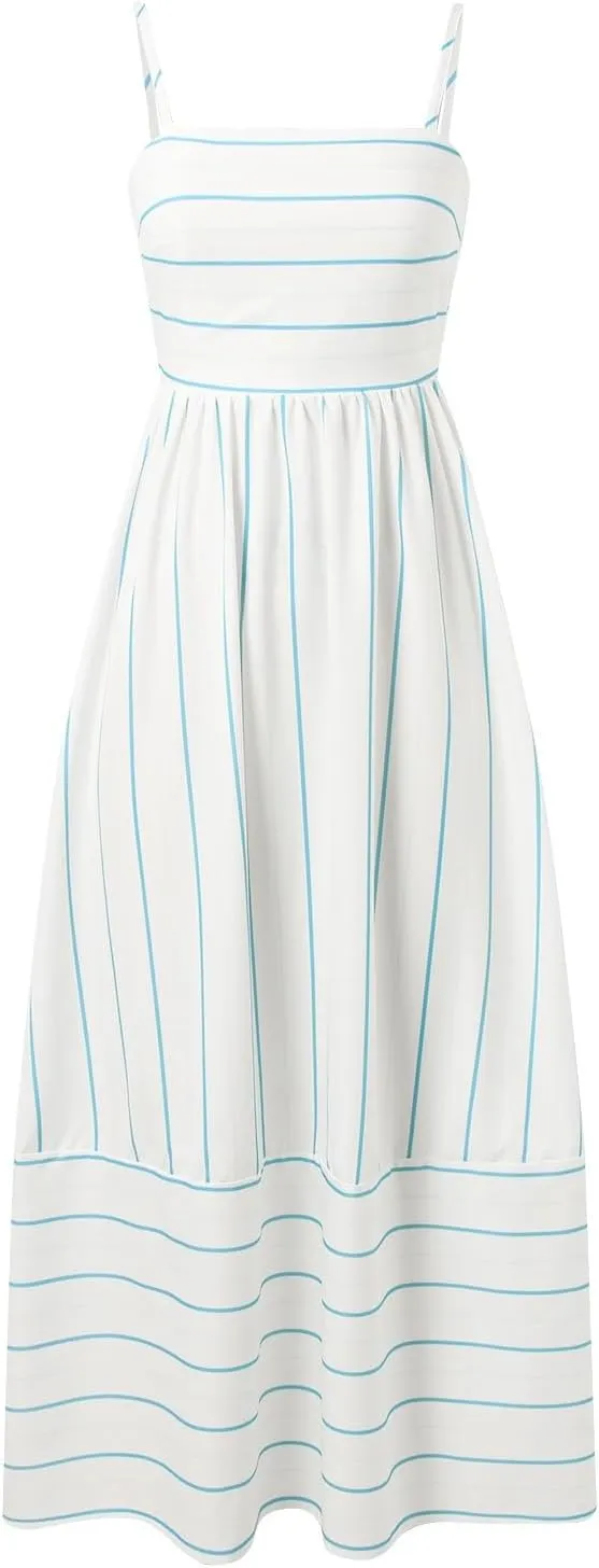 Women Striped Print Maxi Dress Spaghetti Strap Flowy Tiered Dress Sleeveless Casual Summer Sundress, 3X-Large, Black