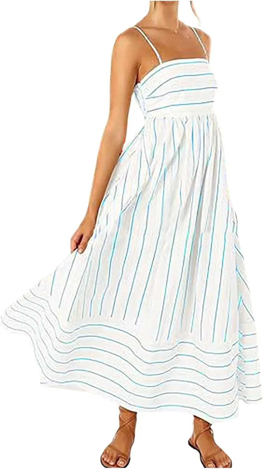 Women Striped Print Maxi Dress Spaghetti Strap Flowy Tiered Dress Sleeveless Casual Summer Sundress, 3X-Large, Black