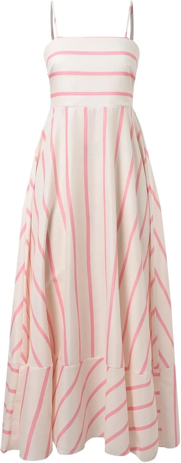 Women Striped Print Maxi Dress Spaghetti Strap Flowy Tiered Dress Sleeveless Casual Summer Sundress, 3X-Large, Black