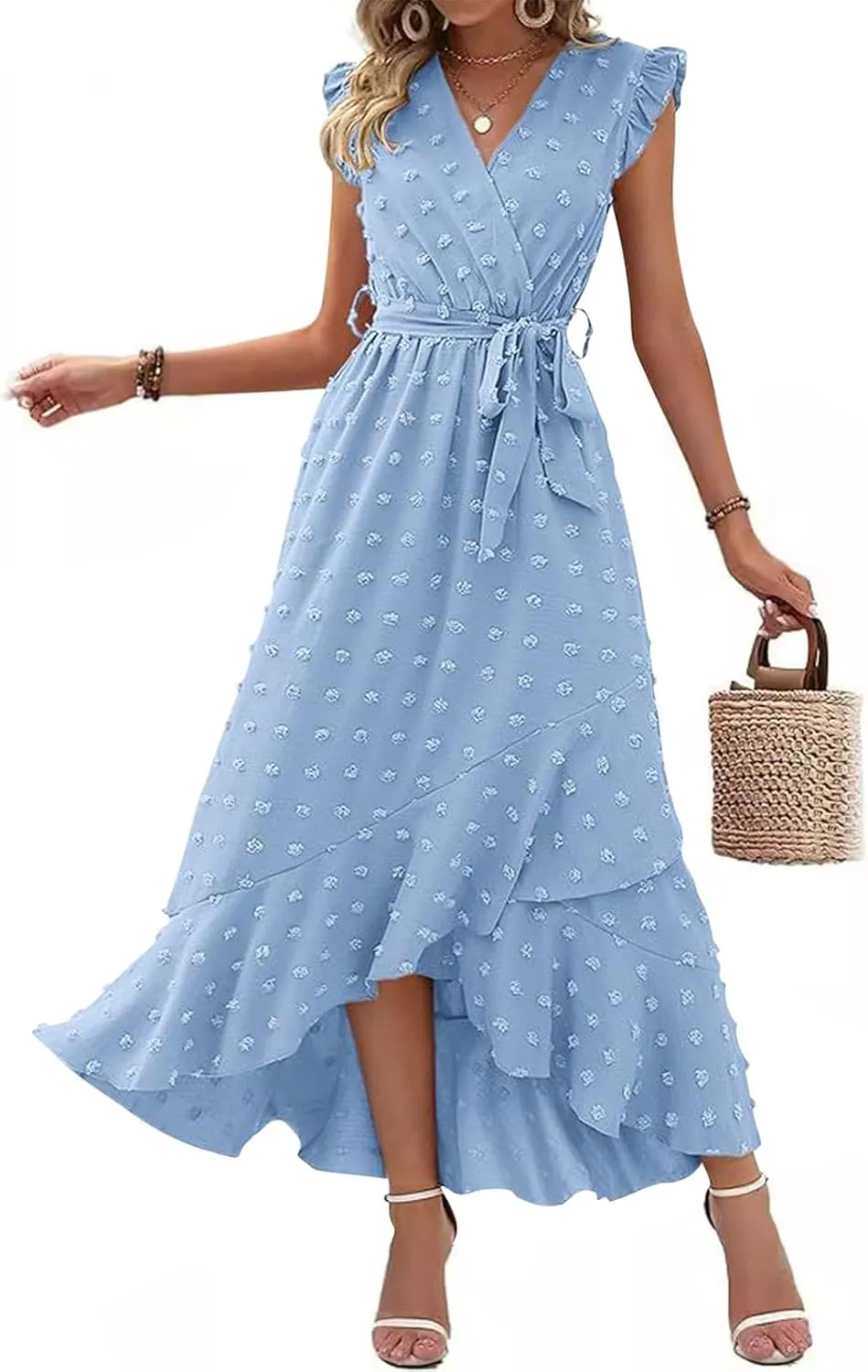 Women Summer Casual Dresses Wrap V Neck Ruffle Sleeveless Split Hem Flowy Midi Dress with Belt Swiss Polka Dot