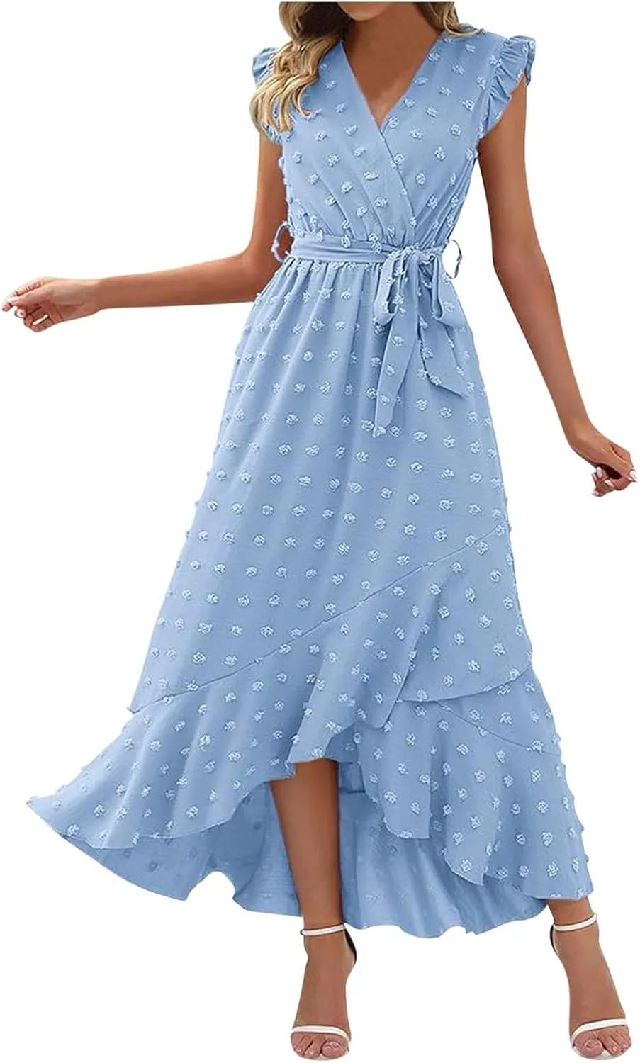 Women Summer Casual Dresses Wrap V Neck Ruffle Sleeveless Split Hem Flowy Midi Dress with Belt Swiss Polka Dot