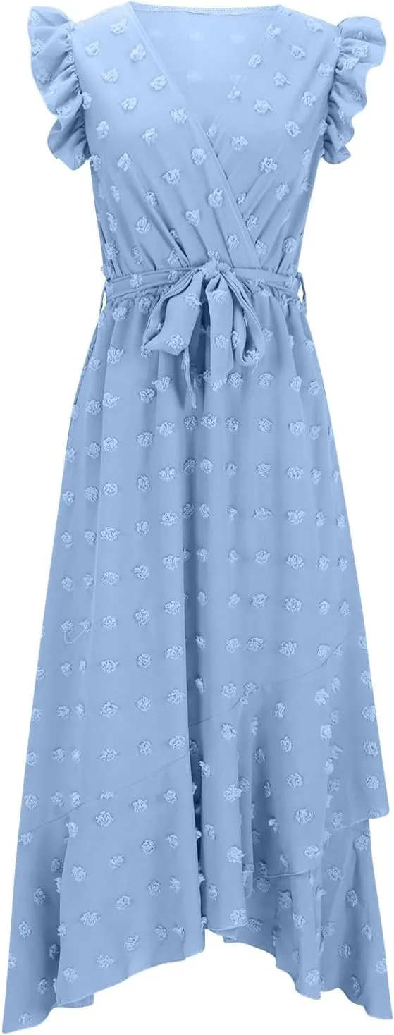 Women Summer Casual Dresses Wrap V Neck Ruffle Sleeveless Split Hem Flowy Midi Dress with Belt Swiss Polka Dot
