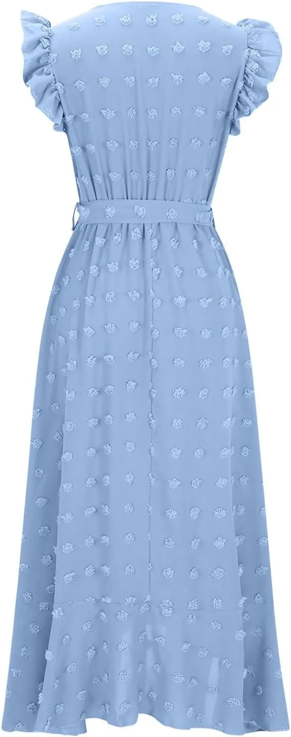 Women Summer Casual Dresses Wrap V Neck Ruffle Sleeveless Split Hem Flowy Midi Dress with Belt Swiss Polka Dot