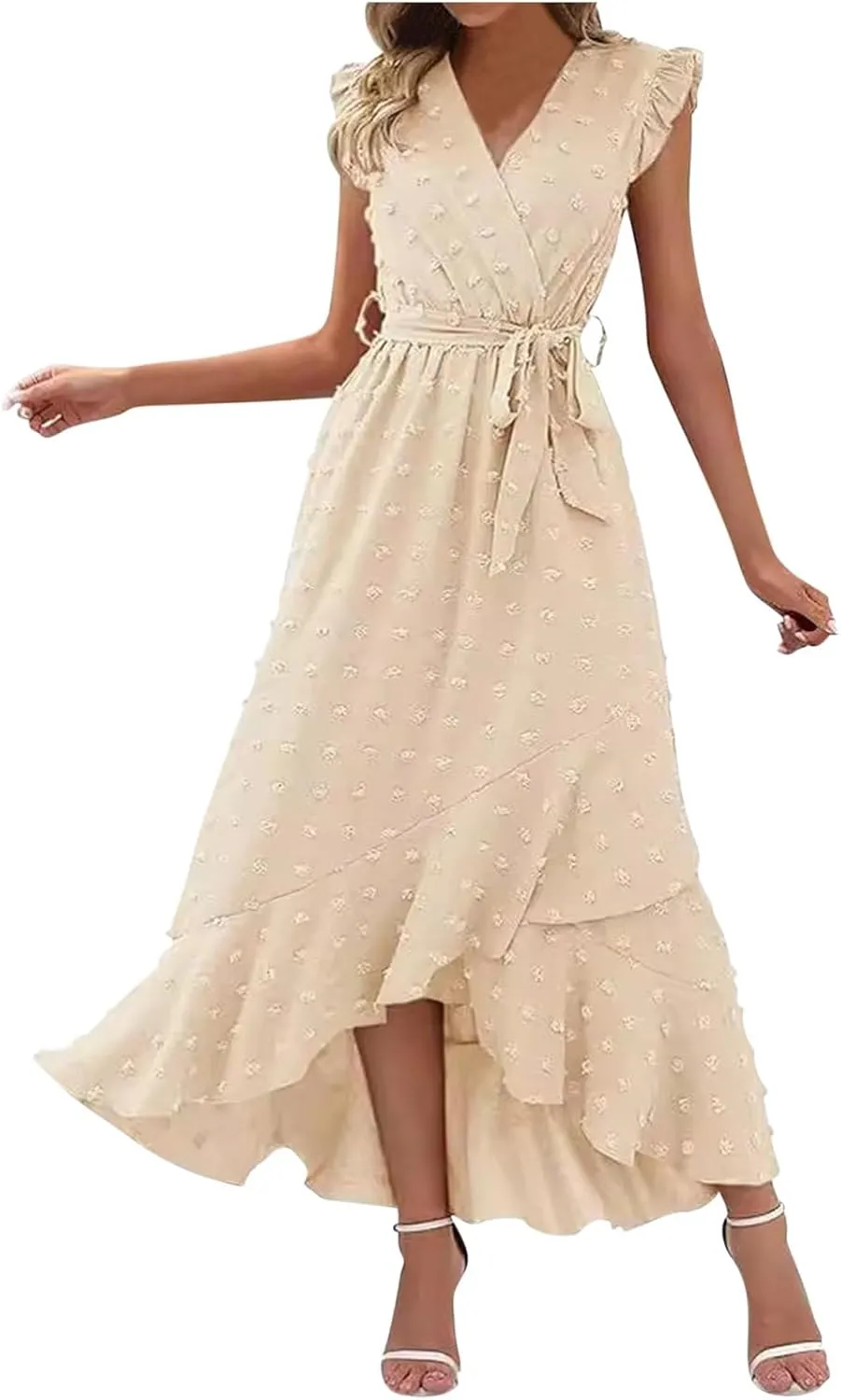 Women Summer Casual Dresses Wrap V Neck Ruffle Sleeveless Split Hem Flowy Midi Dress with Belt Swiss Polka Dot