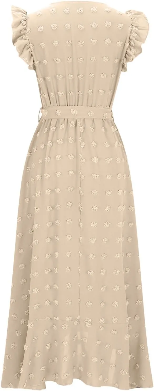 Women Summer Casual Dresses Wrap V Neck Ruffle Sleeveless Split Hem Flowy Midi Dress with Belt Swiss Polka Dot