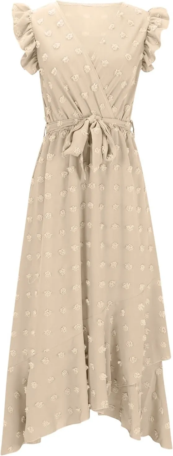 Women Summer Casual Dresses Wrap V Neck Ruffle Sleeveless Split Hem Flowy Midi Dress with Belt Swiss Polka Dot