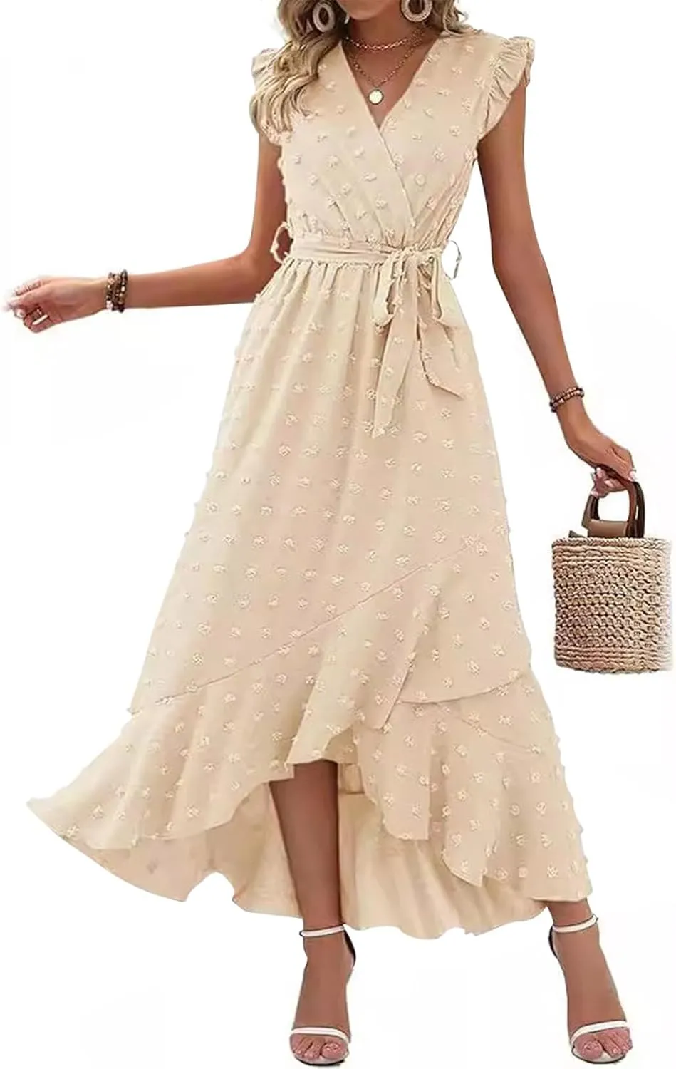 Women Summer Casual Dresses Wrap V Neck Ruffle Sleeveless Split Hem Flowy Midi Dress with Belt Swiss Polka Dot