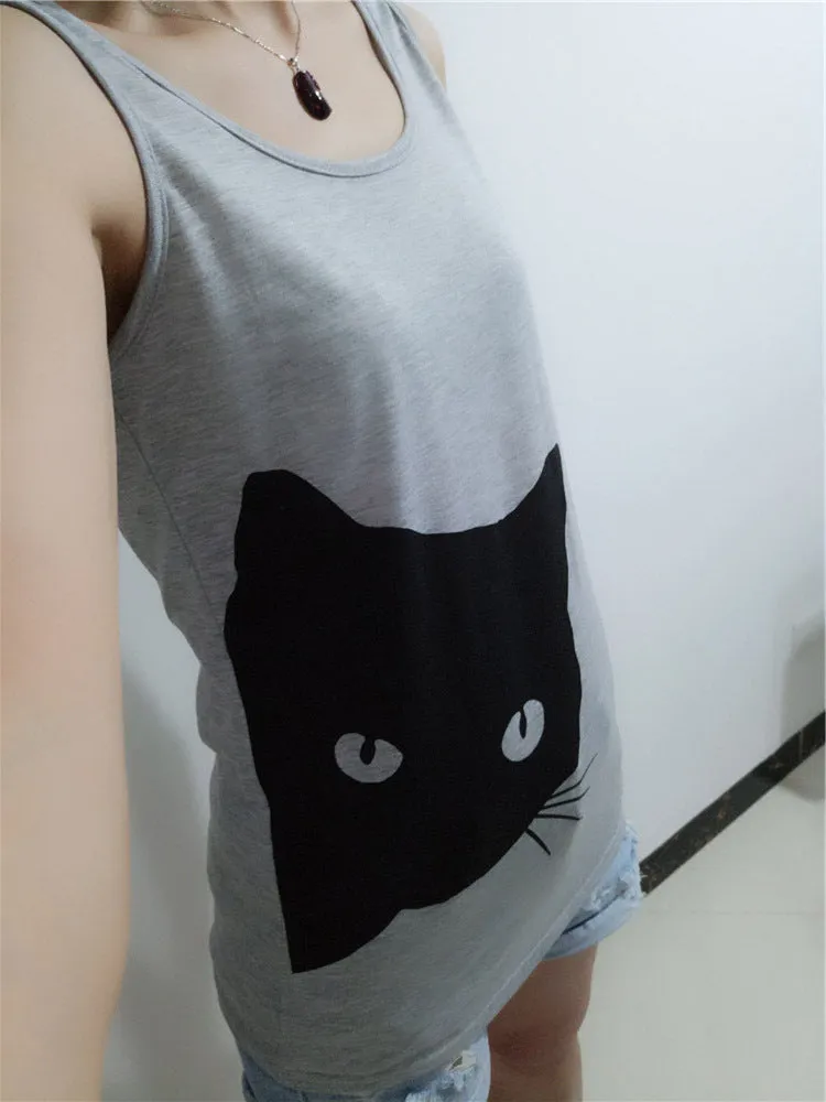 Women Summer Casual Sleeveless Kitty Printed Tank Top