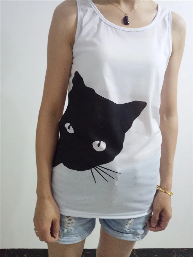 Women Summer Casual Sleeveless Kitty Printed Tank Top