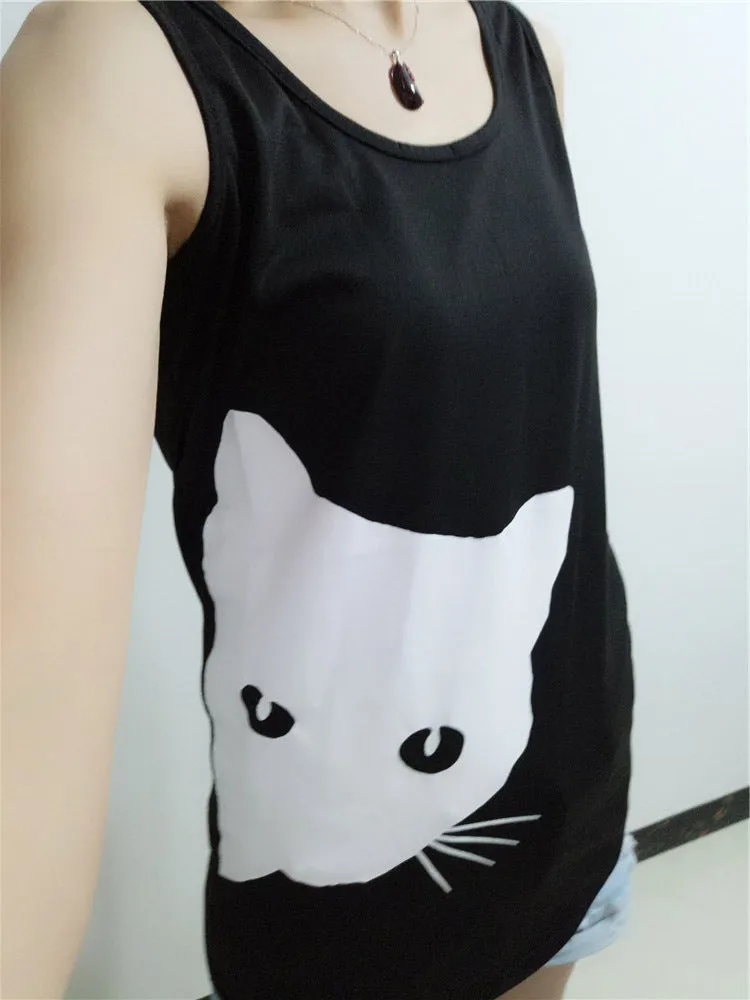Women Summer Casual Sleeveless Kitty Printed Tank Top