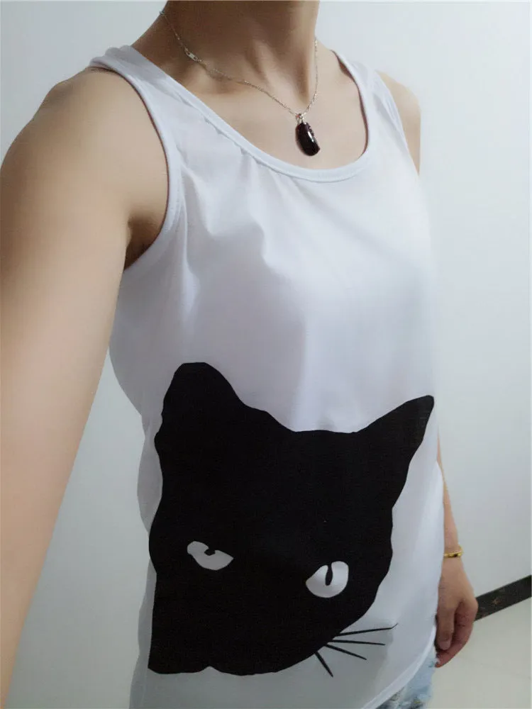 Women Summer Casual Sleeveless Kitty Printed Tank Top