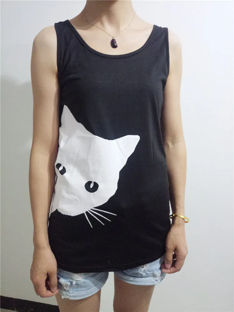 Women Summer Casual Sleeveless Kitty Printed Tank Top