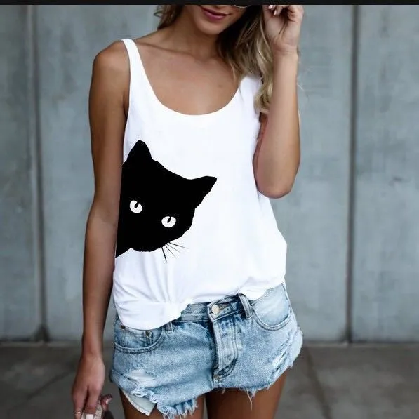 Women Summer Casual Sleeveless Kitty Printed Tank Top