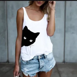 Women Summer Casual Sleeveless Kitty Printed Tank Top