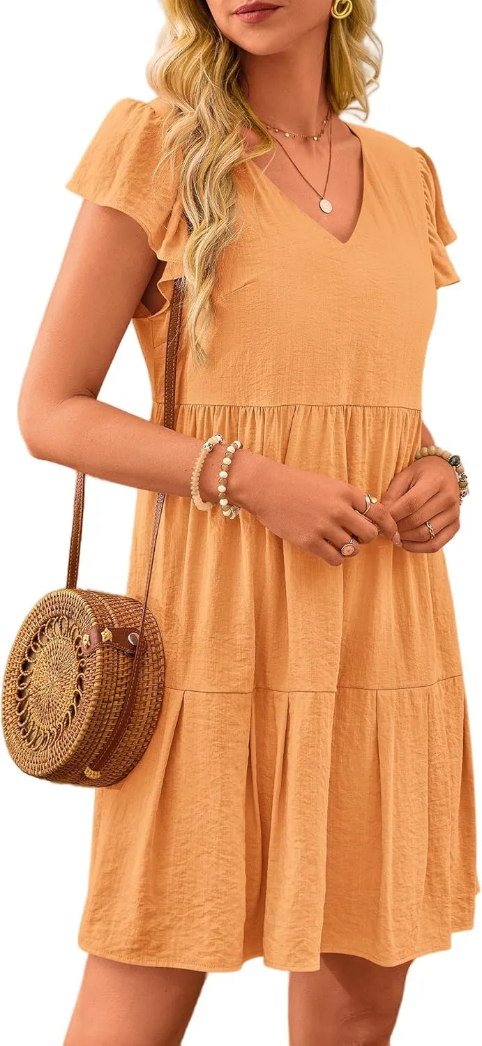 Women Summer Dresses Casual Ruffle Sleeve V Neck Tiered Dress Swing Flowy A Line Beach Dresses