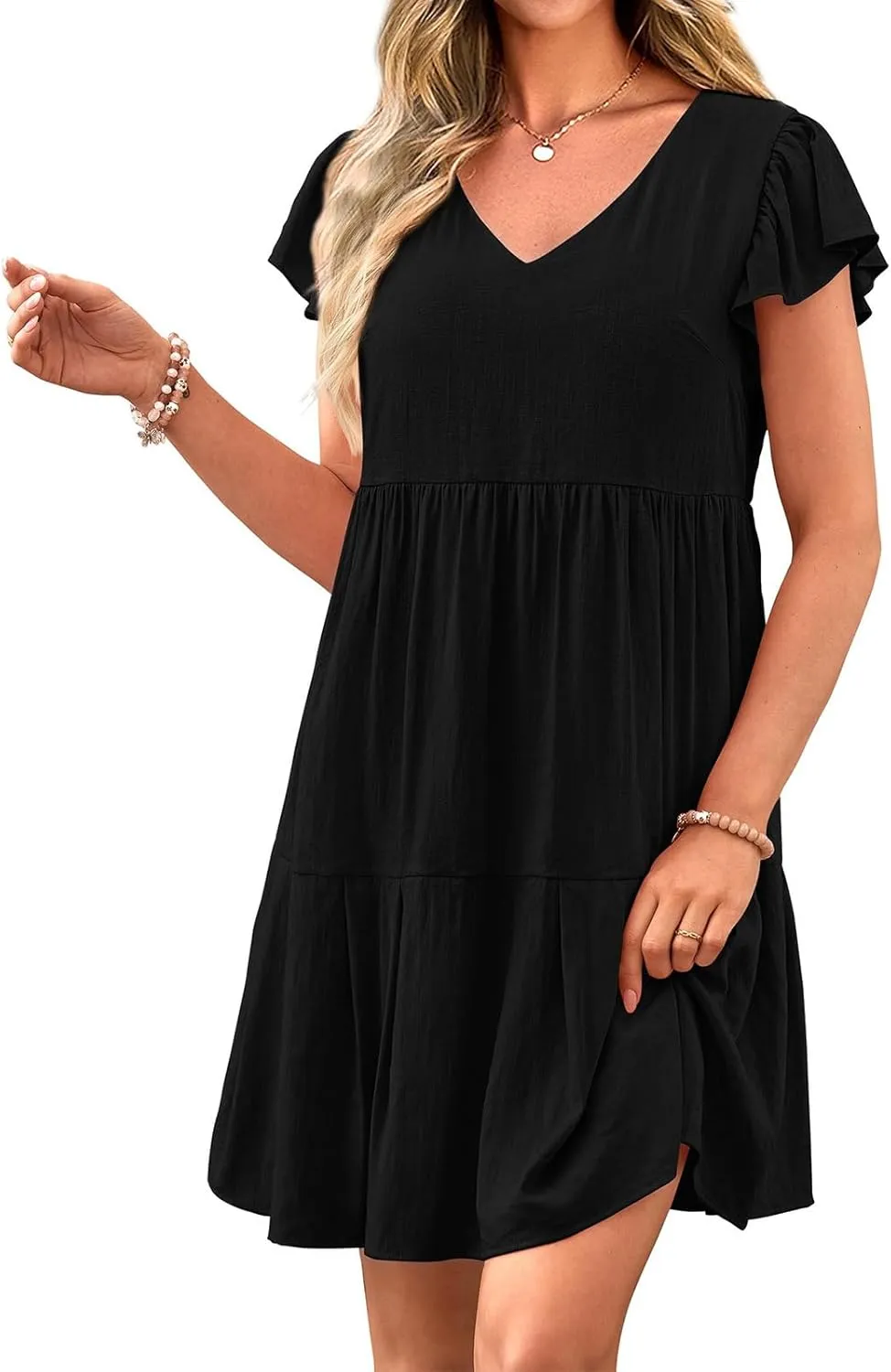 Women Summer Dresses Casual Ruffle Sleeve V Neck Tiered Dress Swing Flowy A Line Beach Dresses