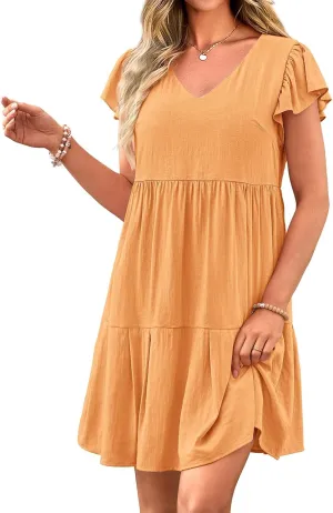 Women Summer Dresses Casual Ruffle Sleeve V Neck Tiered Dress Swing Flowy A Line Beach Dresses