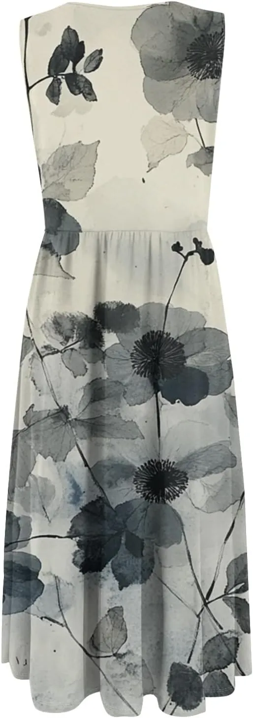 Women Summer Dresses Crewneck Sleeveless A-Line Tank Midi Dress Dressy Boho Floral Print Beach Sundresses with Pockets