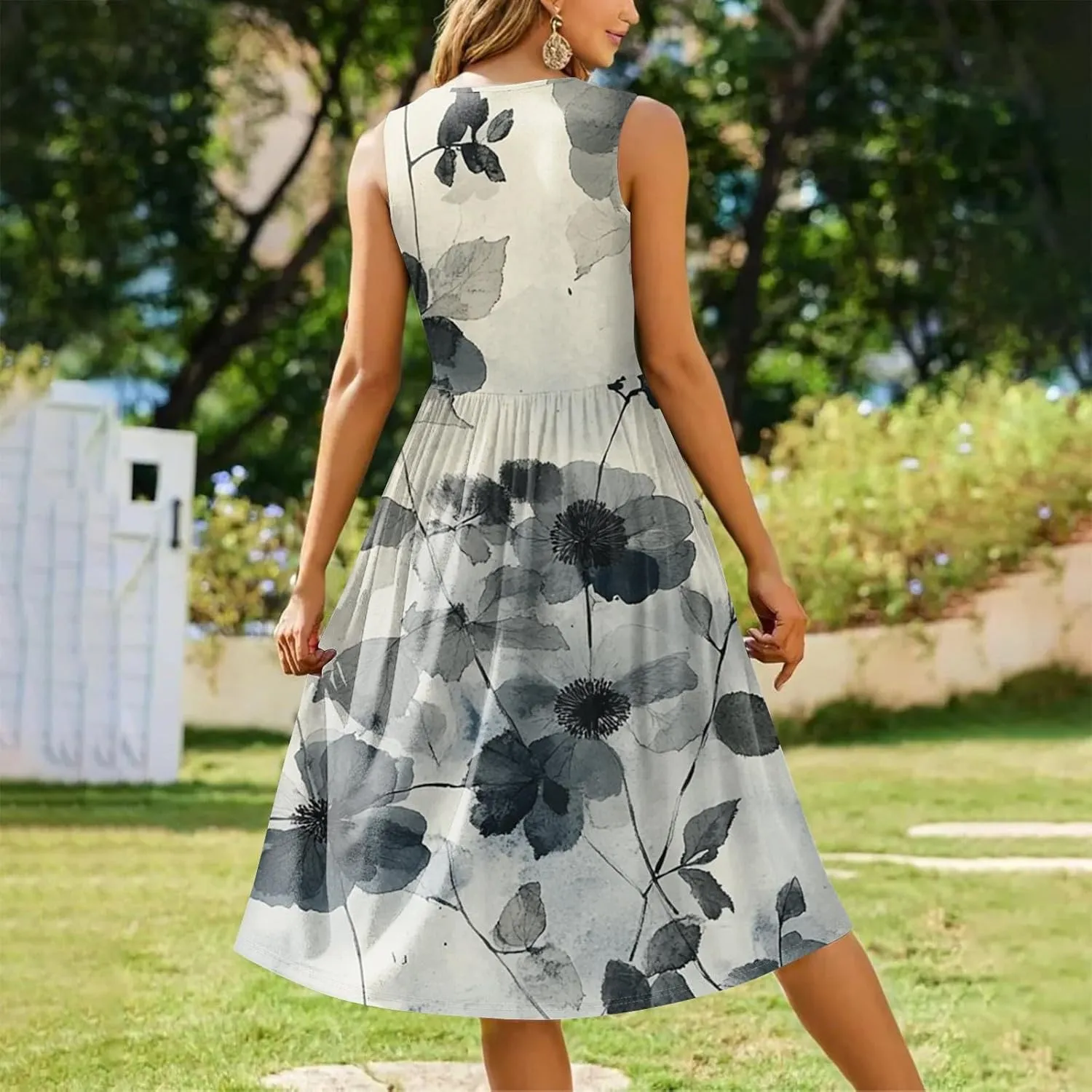 Women Summer Dresses Crewneck Sleeveless A-Line Tank Midi Dress Dressy Boho Floral Print Beach Sundresses with Pockets