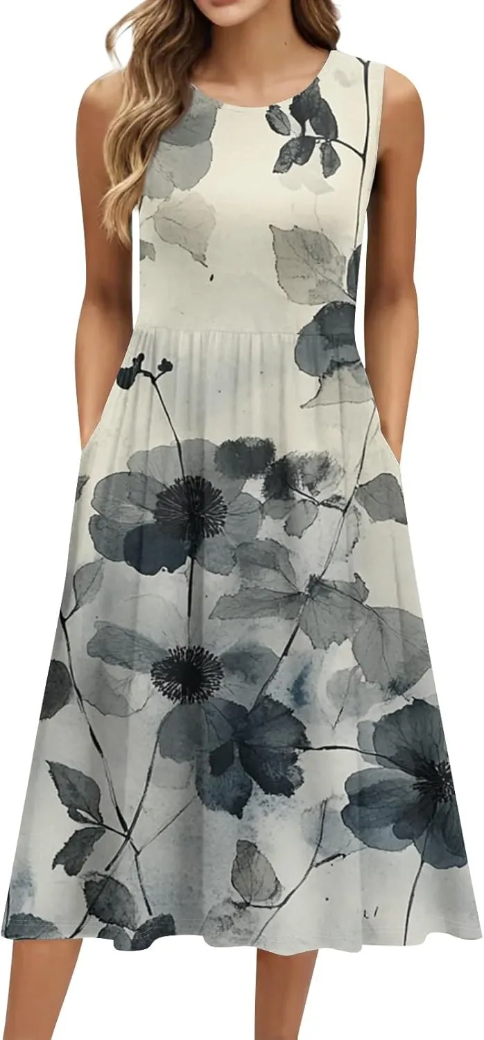 Women Summer Dresses Crewneck Sleeveless A-Line Tank Midi Dress Dressy Boho Floral Print Beach Sundresses with Pockets