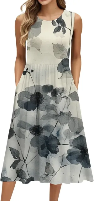 Women Summer Dresses Crewneck Sleeveless A-Line Tank Midi Dress Dressy Boho Floral Print Beach Sundresses with Pockets