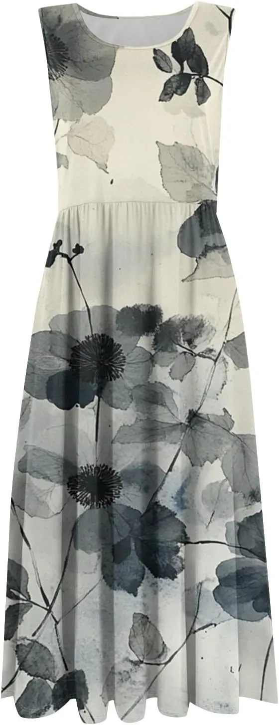 Women Summer Dresses Crewneck Sleeveless A-Line Tank Midi Dress Dressy Boho Floral Print Beach Sundresses with Pockets