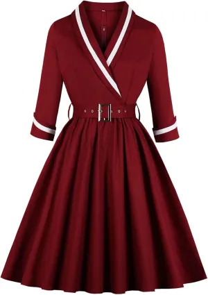 Women Vintage Evening Dress V Neck Long Sleeve Cocktail A Line Midi Gown Wedding Guest Bodycon Prom Dresses