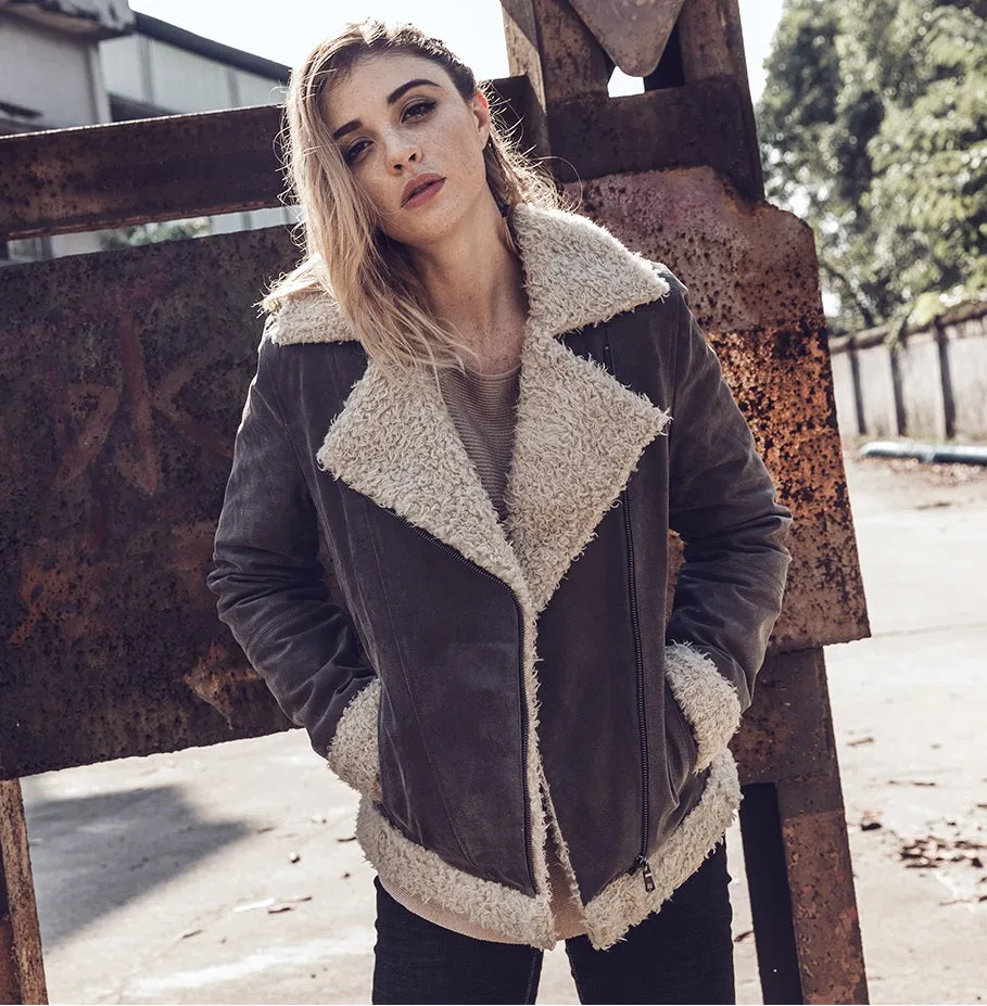 Women Winter's Faux Fur Shearling Leather Jacket By TJS
