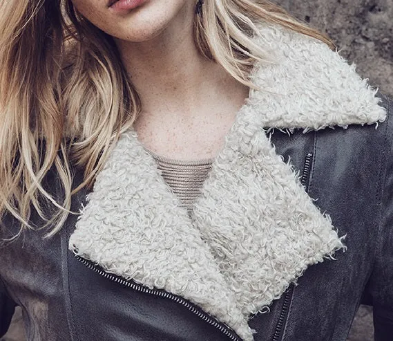 Women Winter's Faux Fur Shearling Leather Jacket By TJS