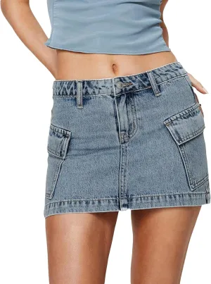 Women Y2k Denim Mini Skirts Vintage Mid Rise Slim Cargo Denim Skirts Bodycon Mini Jean Skirts with Pockets