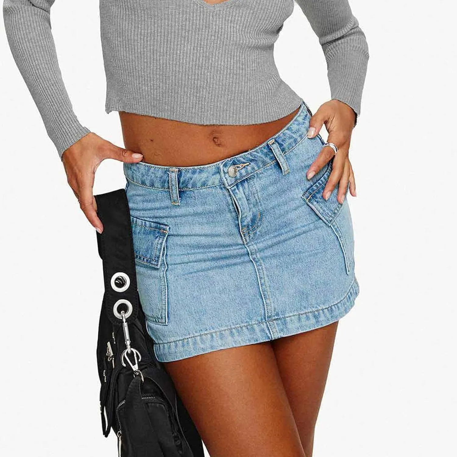 Women Y2k Denim Mini Skirts Vintage Mid Rise Slim Cargo Denim Skirts Bodycon Mini Jean Skirts with Pockets