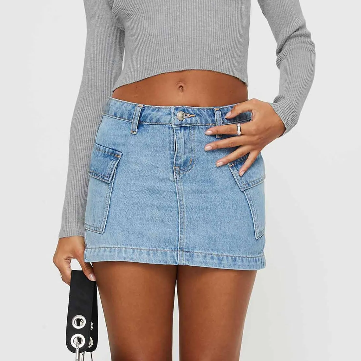 Women Y2k Denim Mini Skirts Vintage Mid Rise Slim Cargo Denim Skirts Bodycon Mini Jean Skirts with Pockets