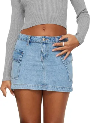 Women Y2k Denim Mini Skirts Vintage Mid Rise Slim Cargo Denim Skirts Bodycon Mini Jean Skirts with Pockets