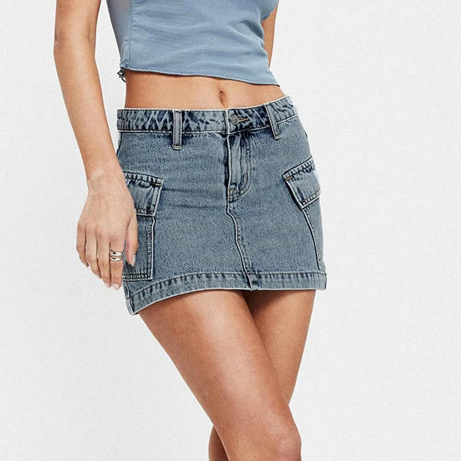 Women Y2k Denim Mini Skirts Vintage Mid Rise Slim Cargo Denim Skirts Bodycon Mini Jean Skirts with Pockets