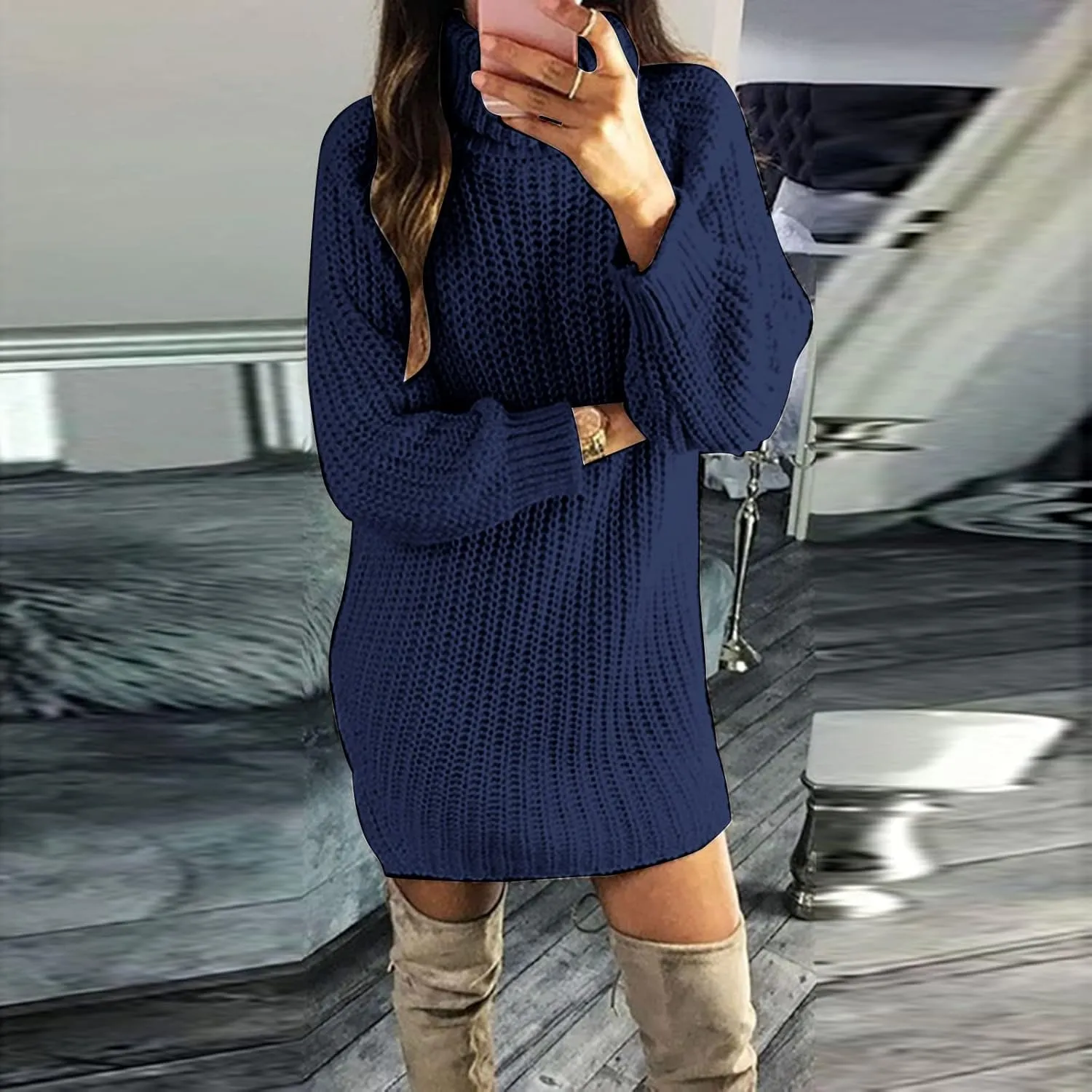 Women's 2024 Fall Turtleneck Sweaters Dress Oversized Long Sleeve Casual Knit Pullover Short Mini Dresses