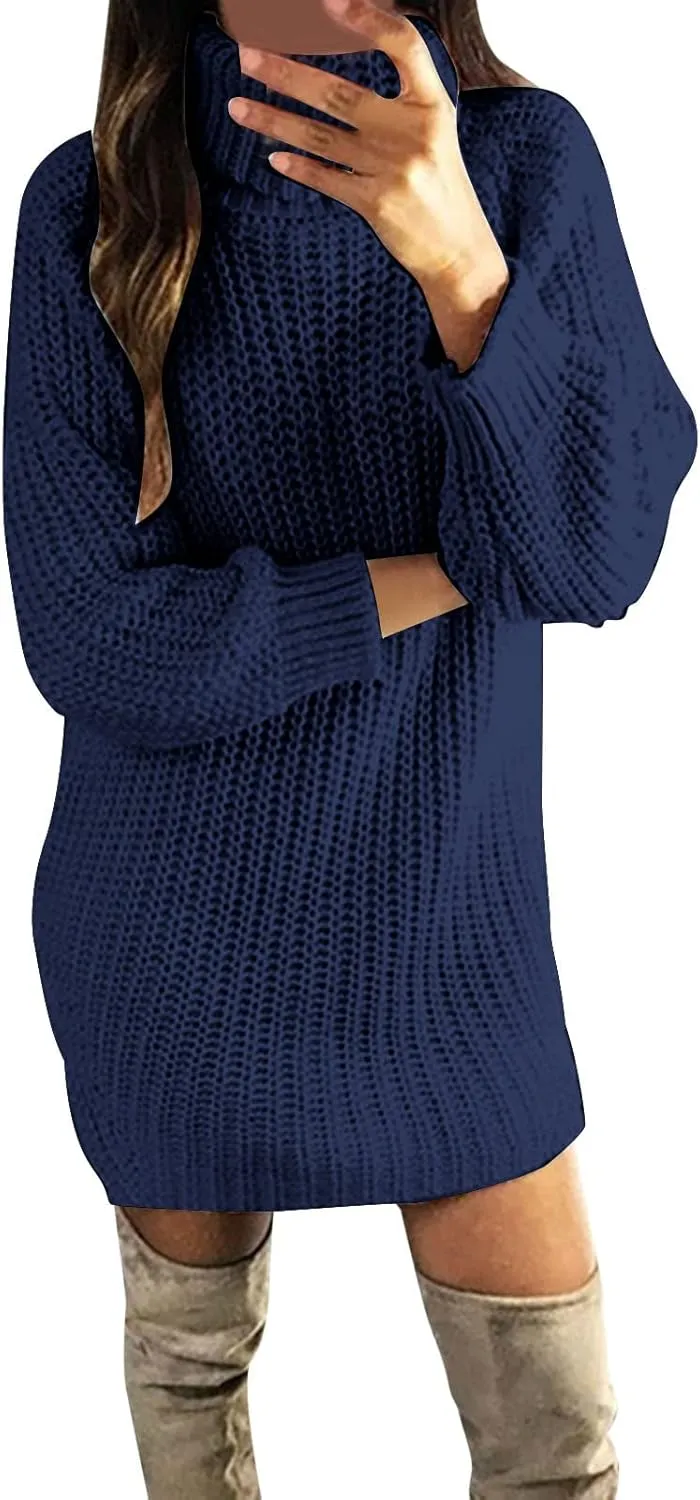 Women's 2024 Fall Turtleneck Sweaters Dress Oversized Long Sleeve Casual Knit Pullover Short Mini Dresses