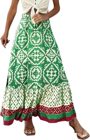 Women's 2025 Bohemian Long Skirts Elastic High Waist A Line Maxi Skirts Summer Casual Printed Pleated Flowy Skirts